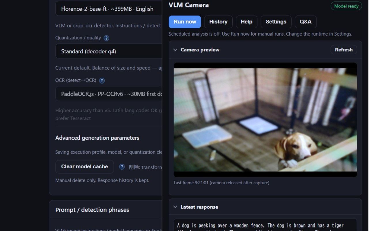 VLM Camera の popup。Florence-2 でカメラ映像から説明文を生成した例。